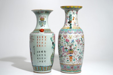 Two tall Chinese famille rose vases with designs of antiquities and incense burners, 19th C.
