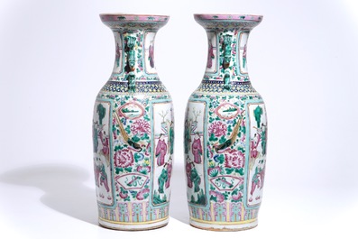 A pair of tall Chinese famille rose vases with figural design, 19th C.