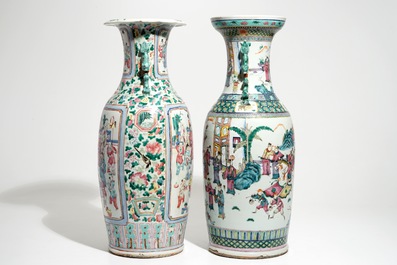 Two tall Chinese famille rose vases with court scenes, 19th C.