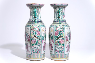 A pair of tall Chinese famille rose vases with figural design, 19th C.