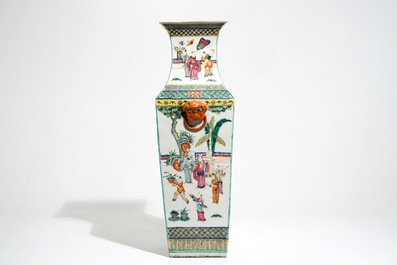 A square Chinese famille rose vase with court scenes, 19th C.