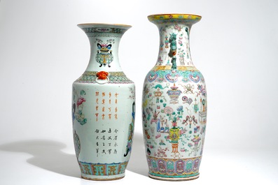 Two tall Chinese famille rose vases with designs of antiquities and incense burners, 19th C.