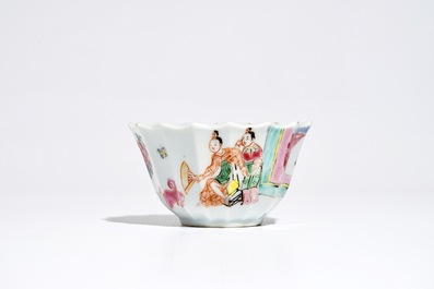 A Chinese lobed famille rose cup and saucer, Yongzheng