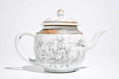 A Chinese grisaille teapot and cover with Europeans, Yongzheng