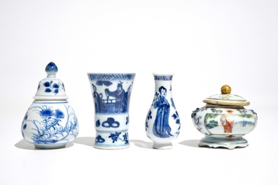 Four Chinese blue and white and famille verte miniature vases, Kangxi and later