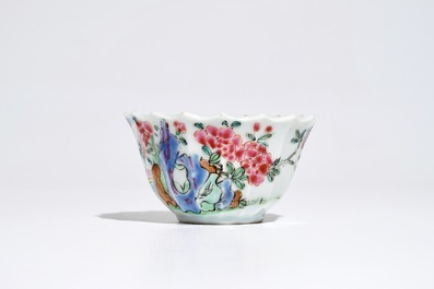 A Chinese lobed famille rose cup and saucer, Yongzheng