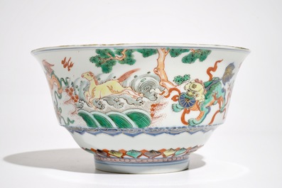 A Chinese famille verte bowl with Buddhist lions, Kangxi