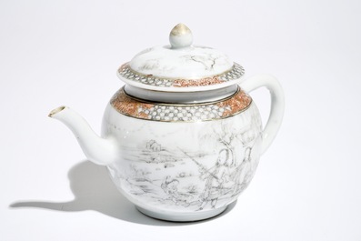 Een Chinese grisaille theepot met decor van Europeanen, Yongzheng