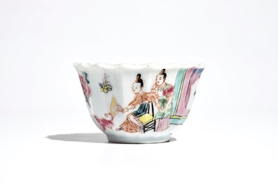 A Chinese lobed famille rose cup and saucer, Yongzheng