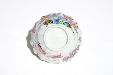 A Chinese lobed famille rose cup and saucer, Yongzheng