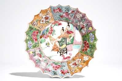 A Chinese lobed famille rose cup and saucer, Yongzheng