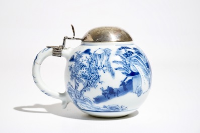 A Chinese blue and white silver-mounted mustard jar, Kangxi