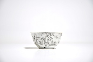 A Chinese grisaille cup and saucer with Europeans, Yongzheng