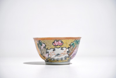 A Chinese famille rose mandarin cup and saucer, Qianlong