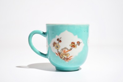 A Chinese turquoise-ground cup and saucer, Qianlong