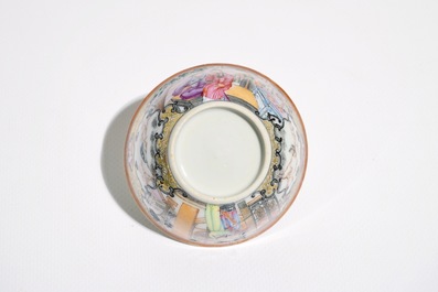 A Chinese famille rose mandarin cup and saucer, Qianlong