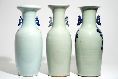 A pair of Chinese famille rose vases and four celadon-ground vases, 19/20th C.