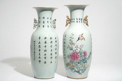 Twee grote Chinese famille rose vazen met grote figuren en kalligrafie, 19/20e eeuw