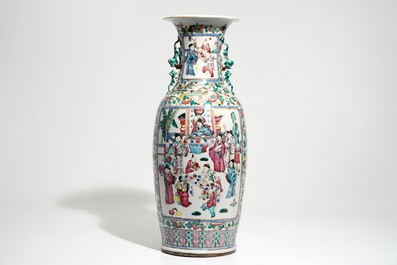 A tall Chinese famille rose vase with a court scene, 19th C.