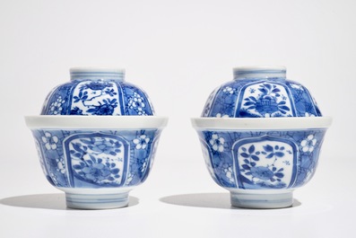 Une paire de bols couverts en porcelaine de Chine bleu et blanc, Kangxi