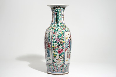 A tall Chinese famille rose vase with a court scene, 19th C.