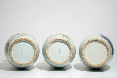 A pair of Chinese famille rose vases and four celadon-ground vases, 19/20th C.