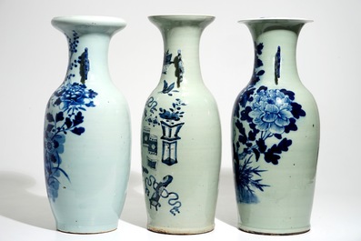 A pair of Chinese famille rose vases and four celadon-ground vases, 19/20th C.