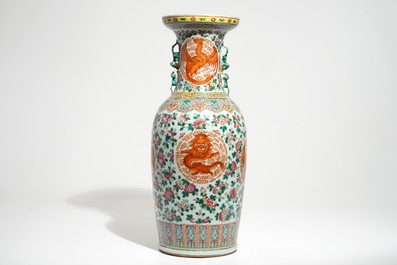 A tall Chinese famille rose vase with dragons and phoenixes, 19th C.