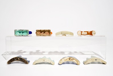 Eight various Chinese porcelain and hardstone brush rests, 19/20th C.