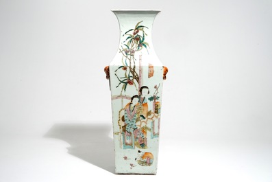 A square Chinese qianjiang cai vase with Buddhist lions, 19/20th C.