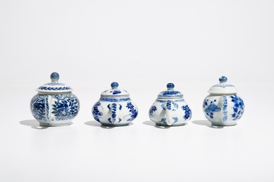 Four Chinese blue and white miniature teapots and covers, Kangxi