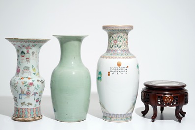 Three various Chinese vases and an inlaid wooden stand with dreamstone, 19/20th C.