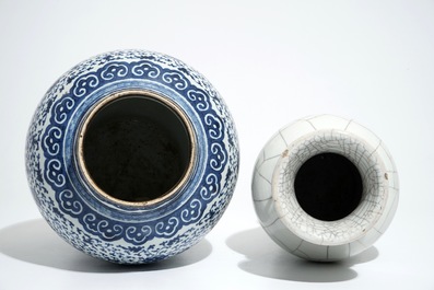 A Chinese crackle-glazed vase and a blue and white lotus scroll baluster jar, 19th C.