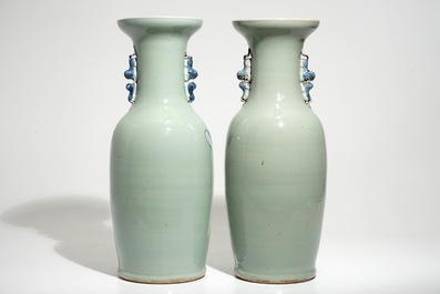 Deux vases en porcelaine de Chine &agrave; d&eacute;cor bleu et blanc sur fond c&eacute;ladon, 19&egrave;me