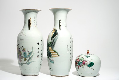 Two tall Chinese famille rose vases and a ginger jar, 19/20th C.