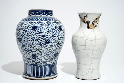 A Chinese crackle-glazed vase and a blue and white lotus scroll baluster jar, 19th C.