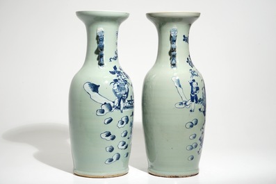 Deux vases en porcelaine de Chine &agrave; d&eacute;cor bleu et blanc sur fond c&eacute;ladon, 19&egrave;me