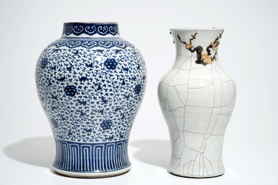 A Chinese crackle-glazed vase and a blue and white lotus scroll baluster jar, 19th C.