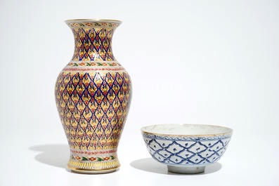 A Thai Bencharong vase with the portrait of King Rama V, and a blue and white bowl, 19/20th C.