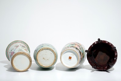 Three various Chinese vases and an inlaid wooden stand with dreamstone, 19/20th C.