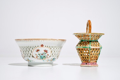 A Chinese reticulated double-walled famille rose tea bowl and a basket, Yongzheng