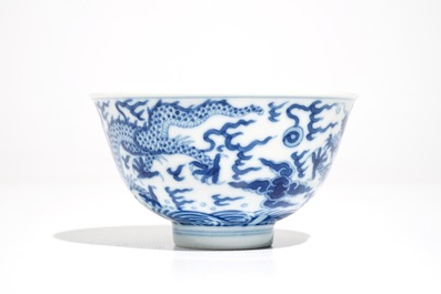 A Chinese blue and white dragon bowl, Daoguang mark, 19/20th C.