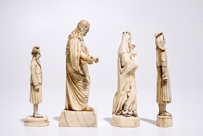 Four carved ivory figures, a miniature altar and a thermometer, Dieppe and other workshops, 19th C.