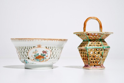 Un bol &agrave; th&eacute; &agrave; double parois et un panier en porcelaine de Chine famille rose, Yongzheng