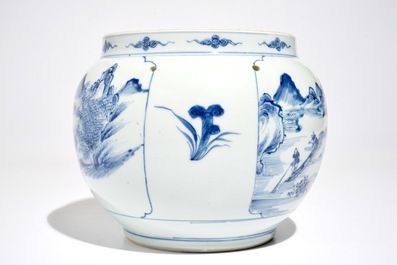 A Chinese blue and white globular bowl with figures in a landscape, Kangxi