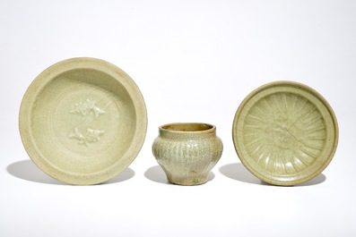 A Chinese Longquan celadon-ground crackle-glazed jar and two dishes, Ming