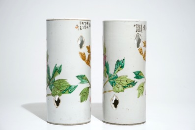 A pair of reticulated Chinese qianjiang cai hat stands, 19/20th C.