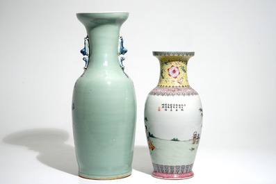 A fine Chinese famille rose vase with figures and a celadon-ground vase, 19/20th C.