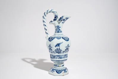 A large Dutch Delft blue and white rope twist handle jug, 2nd half 17th C.