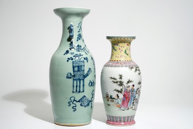 A fine Chinese famille rose vase with figures and a celadon-ground vase, 19/20th C.